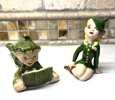 VTG CERAMIC PIXIE ELF FIGURINES - GIRL SITTING, BOY READING OF LOVE