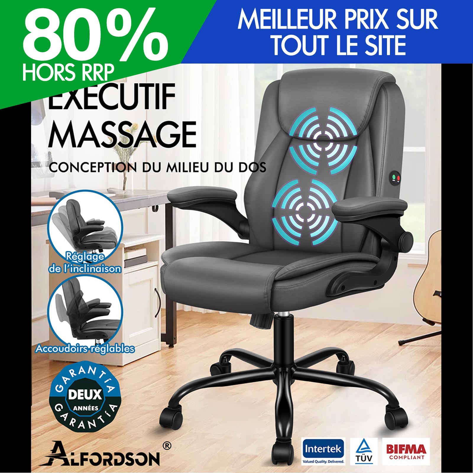Siège de jeu de massage inclinable ergonomique avec soutien lombaire ALFORDSON