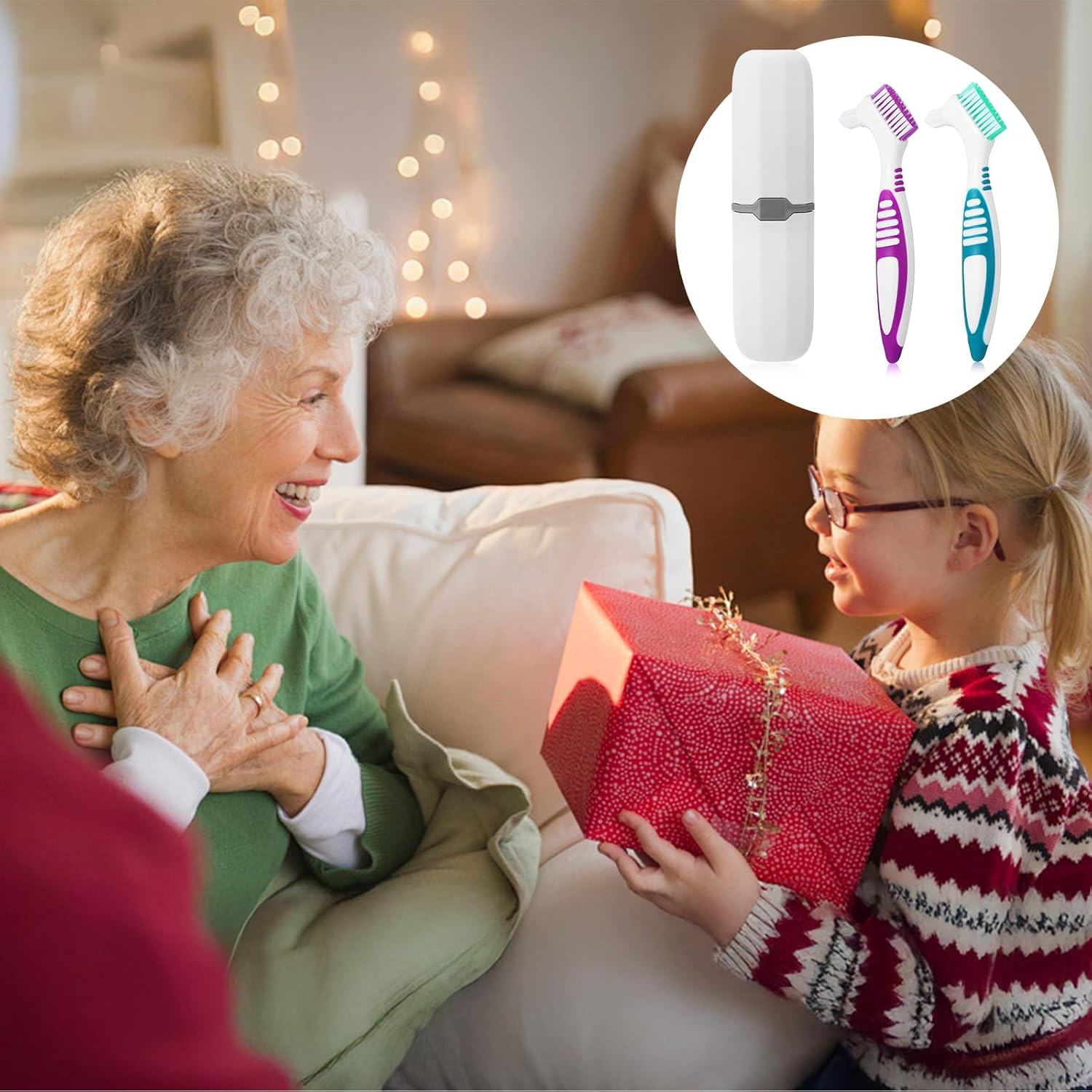 2Pcs Denture Brush, Denture Cleaning Brush Set with White Carrying Case Dentu...