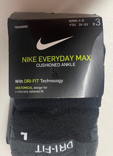 NIKE EVERDAY MAX ANKLE CUSHIONED TRIANING SOCKS DRI FIT BLACK WMN-4-6 YTH 3Y-5Y - Picture 4 of 8