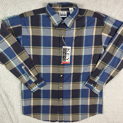Vintage Key Elements 90's Button Shirt Plaid Blue Grey Long Sleeve Sz Large NOS