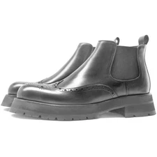 Men Black Carved Pull On Chelsea Ankle Boots Mid Heels Leather British Round Toe