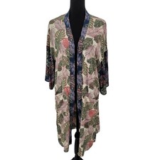 Time And Tru Kimono Cover-up Womens Medium Tropical Leaf Botanical Open Front