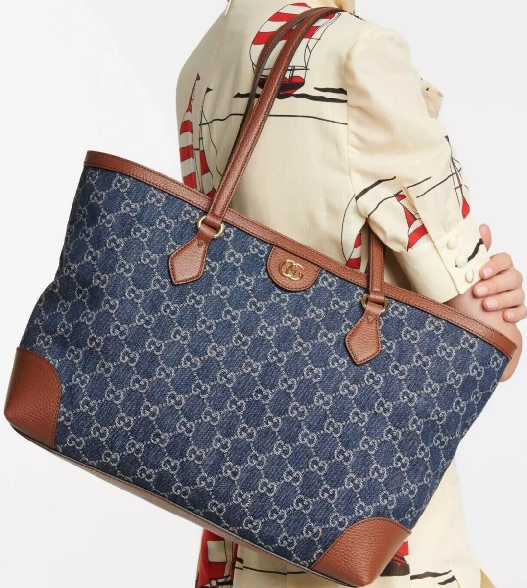 New Gucci GG Denim Tote Shoppe Ophidia Handbag Bag eBay