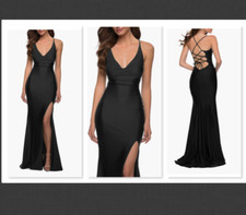 NEW La Femme Black Cross Back Satin Jersey Trumpet Gown Size 6 B861