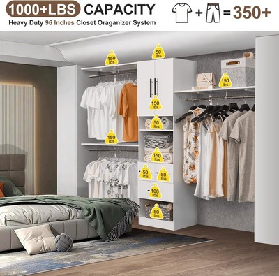 70''H Modern White Closet Organizer System With 3 Drawers and 3 Hanging Rods