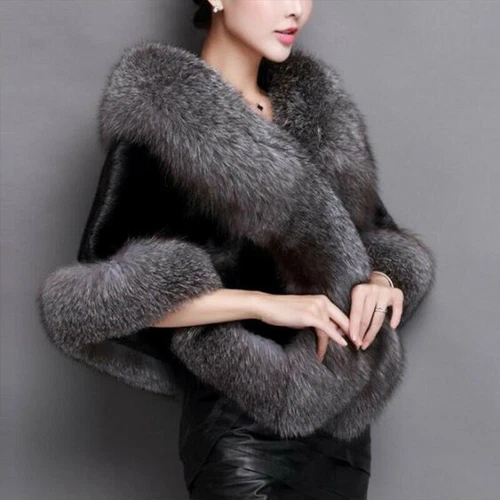 New Women Winter Faux Fur Coat Shawl Stole Wrap Scarf Cloak Cape Tops Warm - Picture 22 of 22