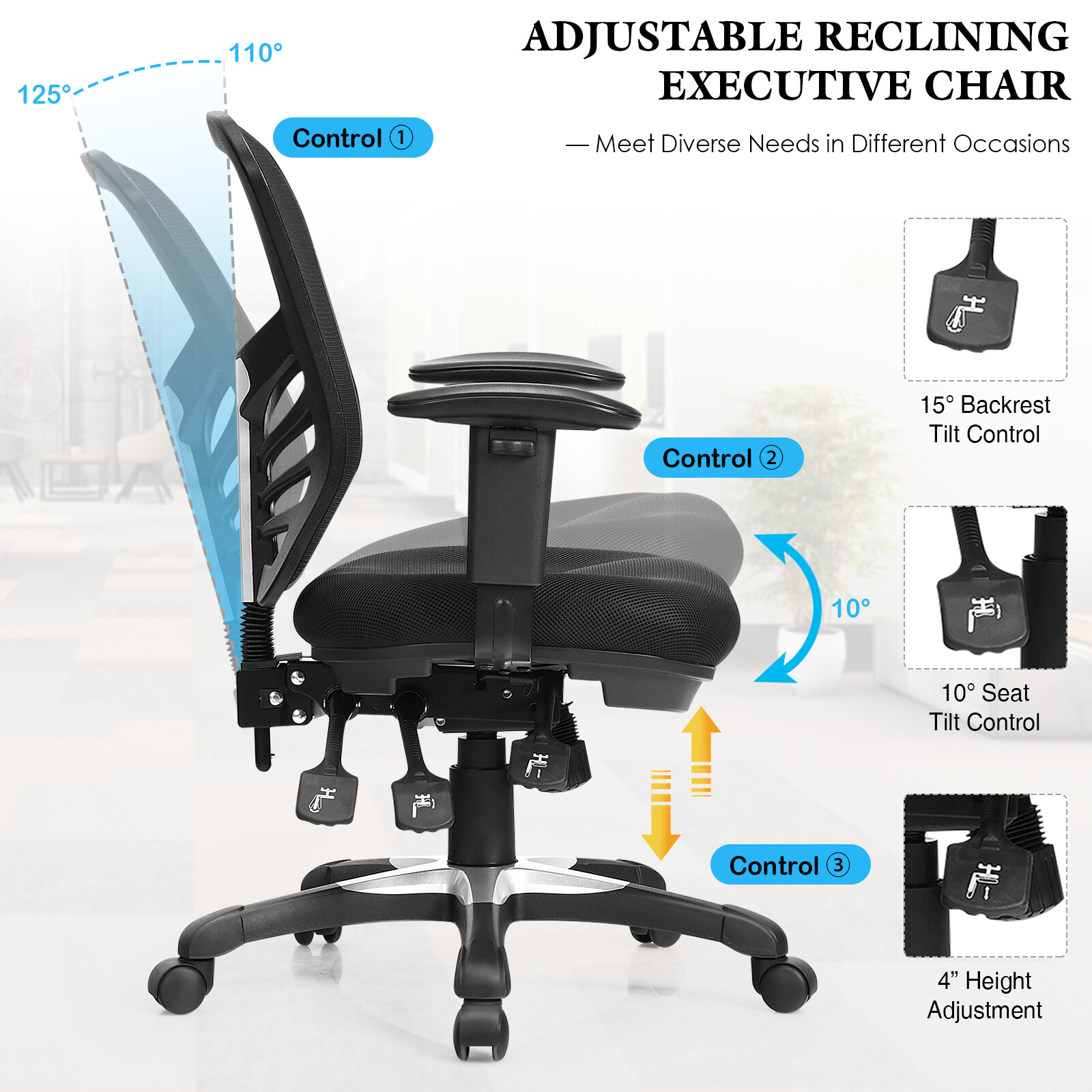 Mesh Office Chair 3-Paddle Computer Desk Chair w/ Adjustable Seat & Back