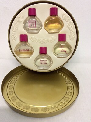 VINTAGE 5-teiliges COTY YARDLEY MINIATUR PARFÜM GESCHENKSET IN BLEHNE INKL. BANACHE L'AIMANT