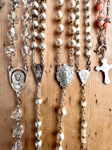 Vintage Rosary LOT Sterling Silver Coral Crystals Glass Pearls Cross Prayer - 第 1/12 張圖片