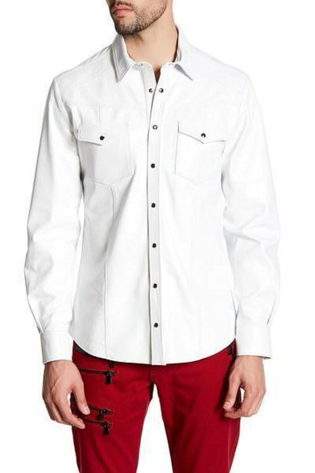 BEST SELLING New Men's White Leather Shirt Soft Lambskin Stylish Slim Fit shirt