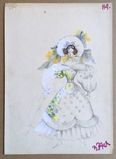 Dessin Aquarelle Portrait Femme Maquette Costume Théâtre Mode Signé Polonais