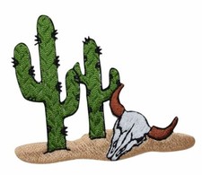 Western Saguaro Cactus Steer/Cow Skull Desert Embroidered Iron on Patch