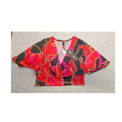 Jill Rock Red Black Pink Gold Geometric Chain Print V-Neck Crop Blouse M Y2K