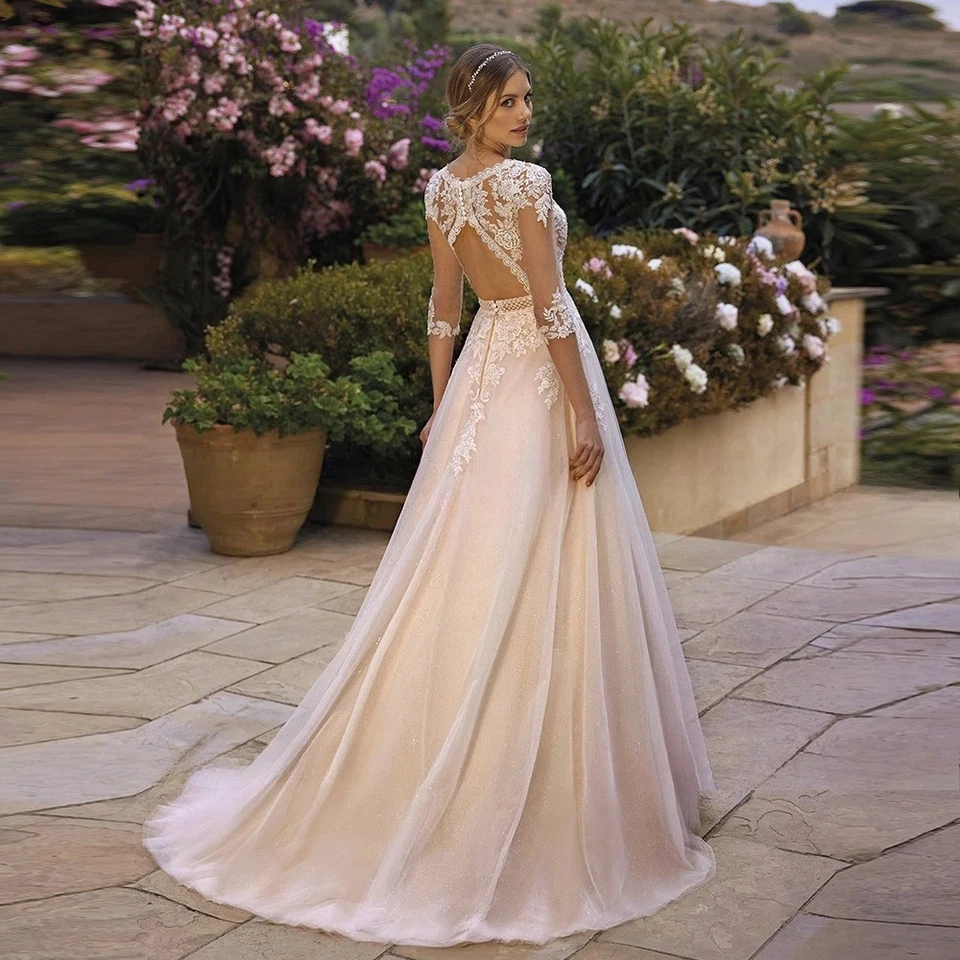 Elegantes vestidos de novia línea A cuello en V mangas 3/4 apliques de encaje vestidos de novia Foto 2 de 4