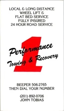 Performance 1 Towing Recovery Jersey City NJ Vintage Business Card