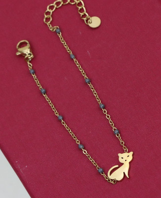 with Blue Bead Detailing, XPBL0614 Cute Cat Design Yellow Gold Bracelet