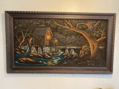 Vtg Spooky Black Velvet 3D Relief Painting Mill Trees Shadows Night Halloween
