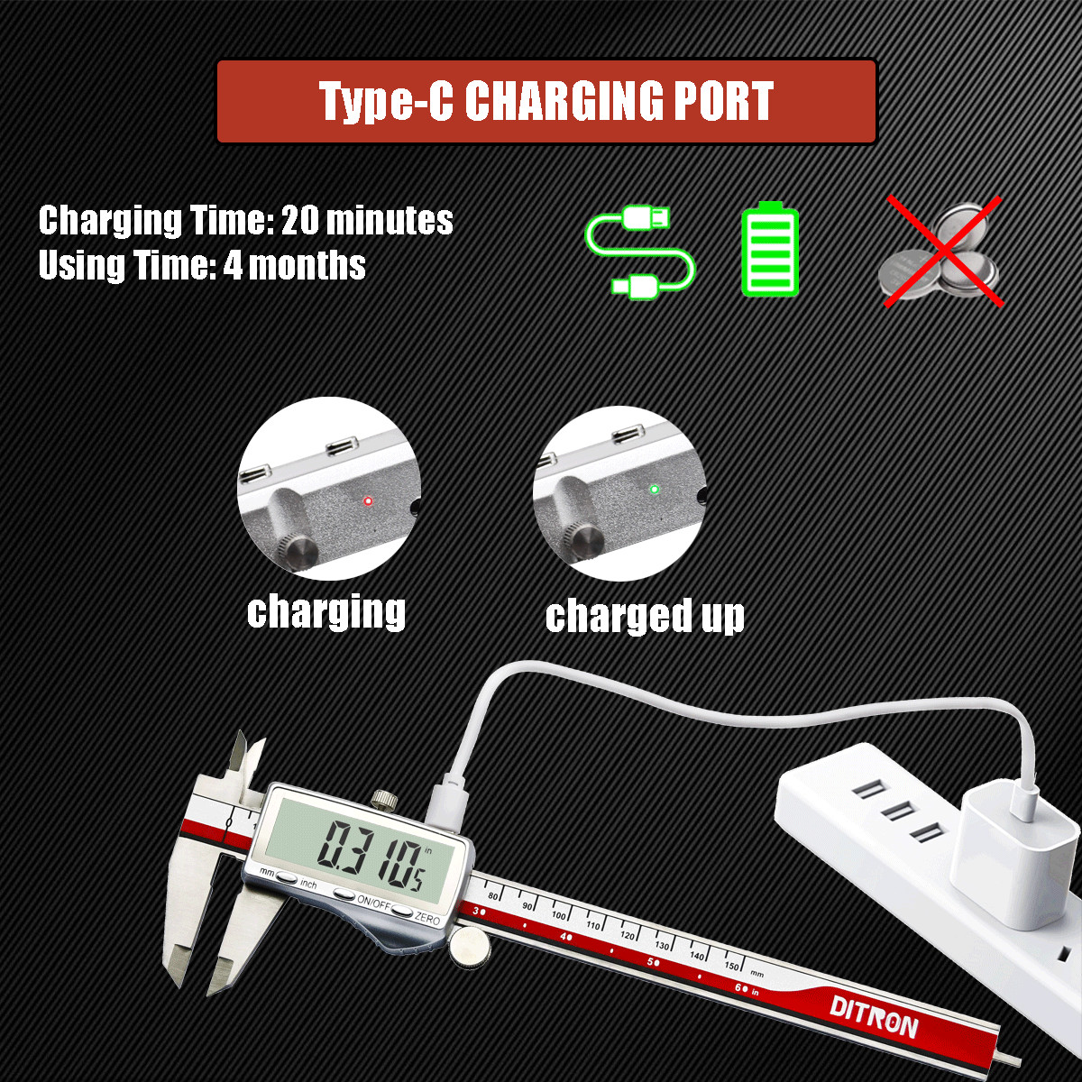12"Rechargeable Digital Caliper with Stainless Steel Ruler&Large LCD Read