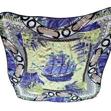 Vintage Size 34" x 34" Purple  Yellow Nautical Ship Border Print Silk Scarf
