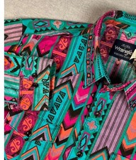 Vtg Wrangler Brushpopper Long Sleeve Button Shirt Neon Pastels Loud Geo Aztec L