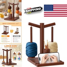 Natural Wood Yarn Holder with Built In Storage for Crochet Hooks and Accessories