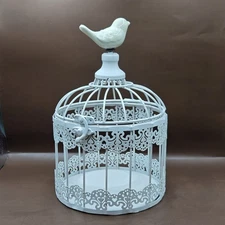 White Birdcage Metal Hinged Top Ceramic Bird Decorative 10"H 6"D Shabby Chic 