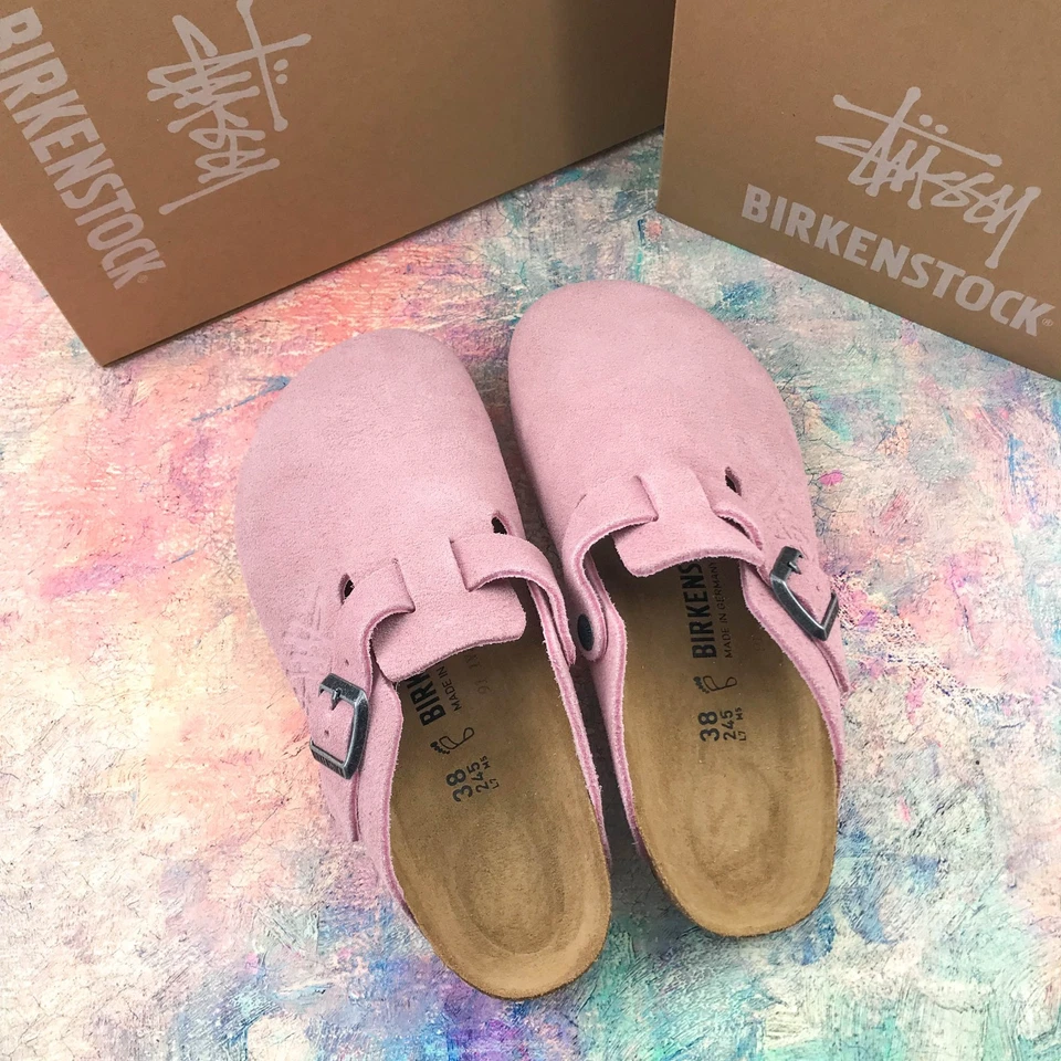 Zueco Birkenstock Boston × Stussy Rosa Polvoriento Plantilla Suave Gamuza Cuero UE 37-45 Foto 2 de 4