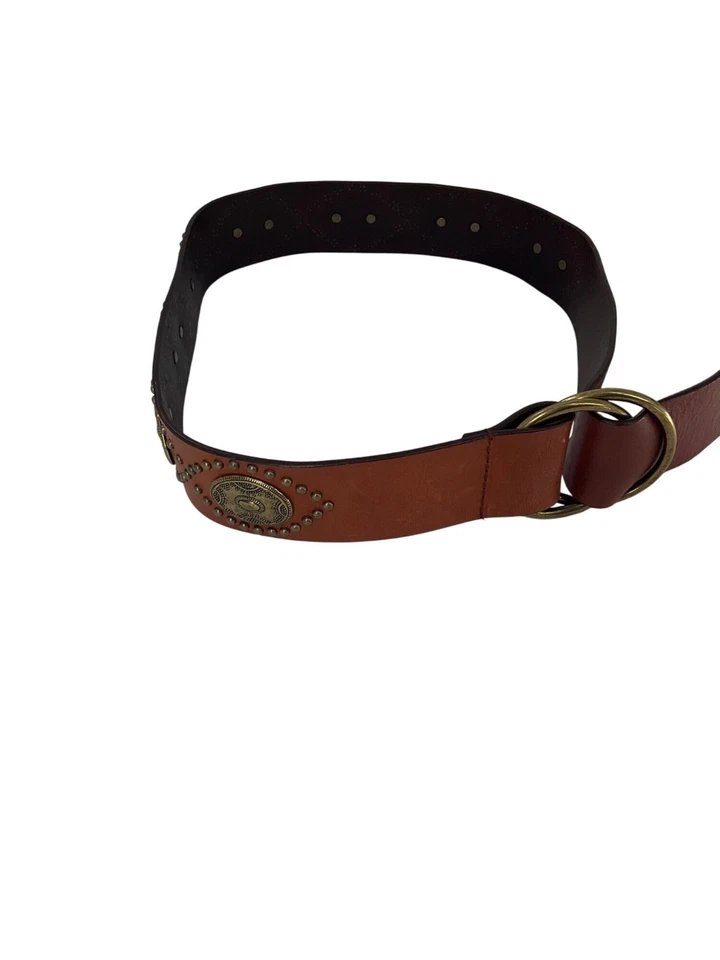 Cinturón Cuero Marrón Bronce Conchos y Latón Doble Anillo Hebilla Pequeño S Largo Ajuste Foto 2 de 4