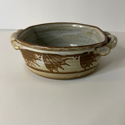 Handmade Studio Pottery Signed Ribbon Handled Flat Bowl Speckled 5 x 8 x 2
