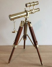 Brass Double Barrel Telescope with Adjustable Wooden Tripod Stand