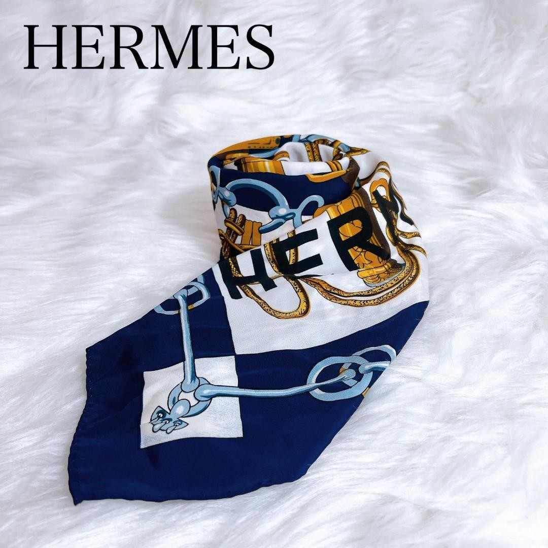 Hermes Blue Gold Silk Scarf 85cm Square Large Fringed Tassel Unisex Luxury Accessory