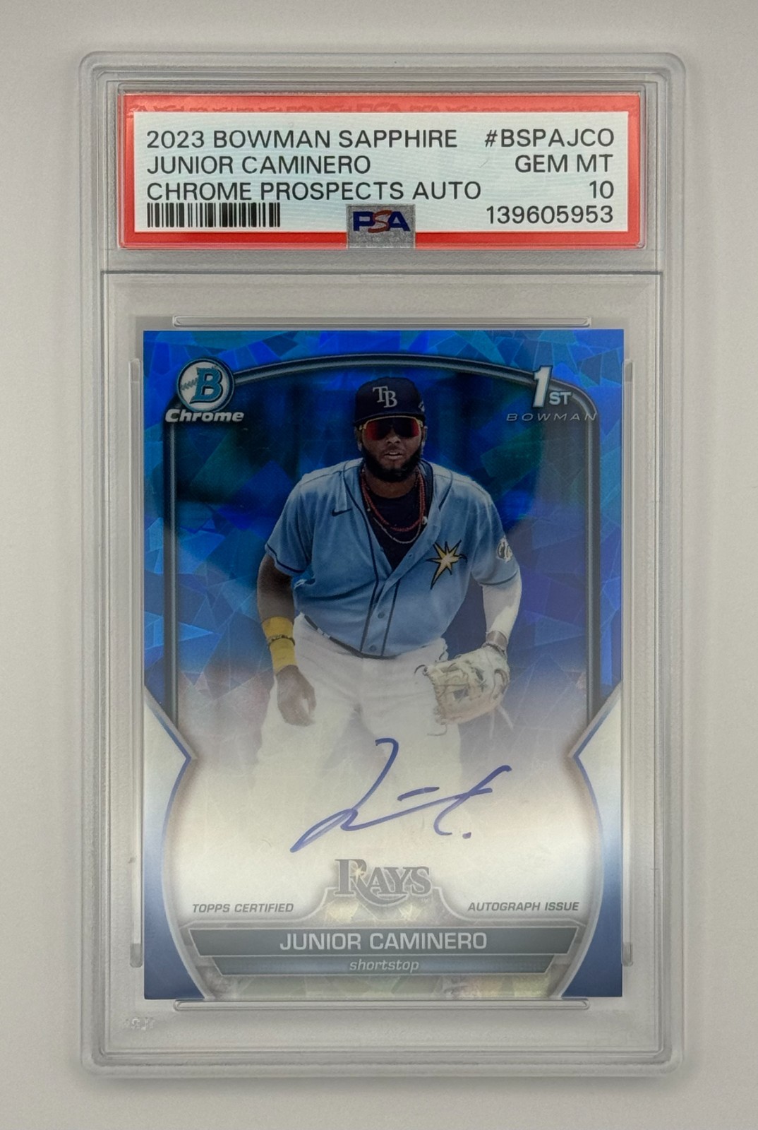 2023 Bowman Chrome Sapphire 1st Junior Caminero Refractor Auto #BSPA-JCO PSA 10