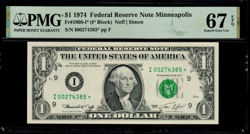 1974 $1 MINNEAPOLIS STAR NOTE PMG 67 EPQ 480K tiratura totale Fr 1909-I* I/*