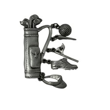 JJ Golf Bag Charms Brooch Hat Ball Signed Silver Tone Pewter Vintage Pin