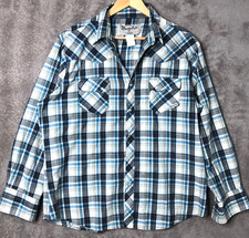 WRANGLER Wrancher Shirt Mens XL Western Pearl Snap Plaid Blue Long Sleeve Cowboy