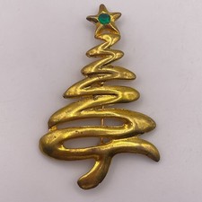 Vintage Gold Tone Abstract Zig Zag Christmas Tree Brooch Green Rhinestone Star