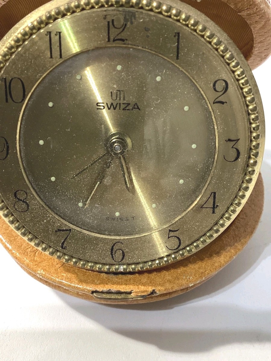Swiza 8 Day Brass Brown Leather Wind Up Pocket Travel Clock 3