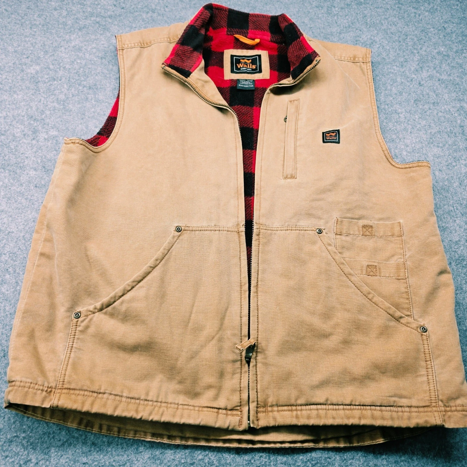 Walls Outdoor Goods Mens XL Canvas Work Vest Buffalo Plaid Fleece Lined Tan image 5