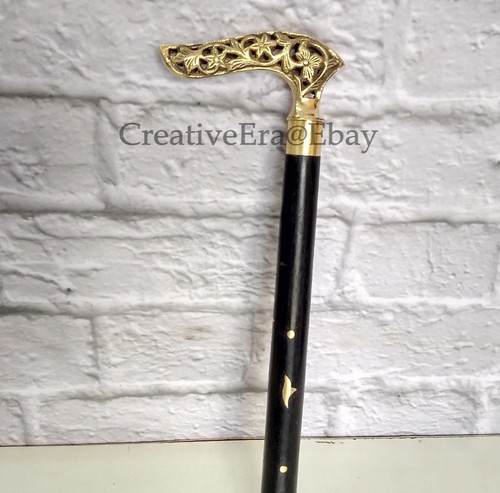 Victorian Wolf Handle Antique Walking Stick Black Wooden Brass Inlaid Cane Gift - Picture 3 of 7