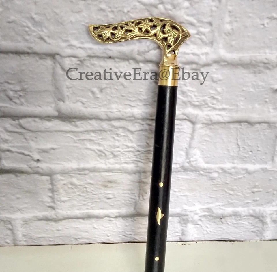 Bastón antiguo con mango de lobo victoriano de madera negra con incrustaciones de latón regalo Foto 3 de 4