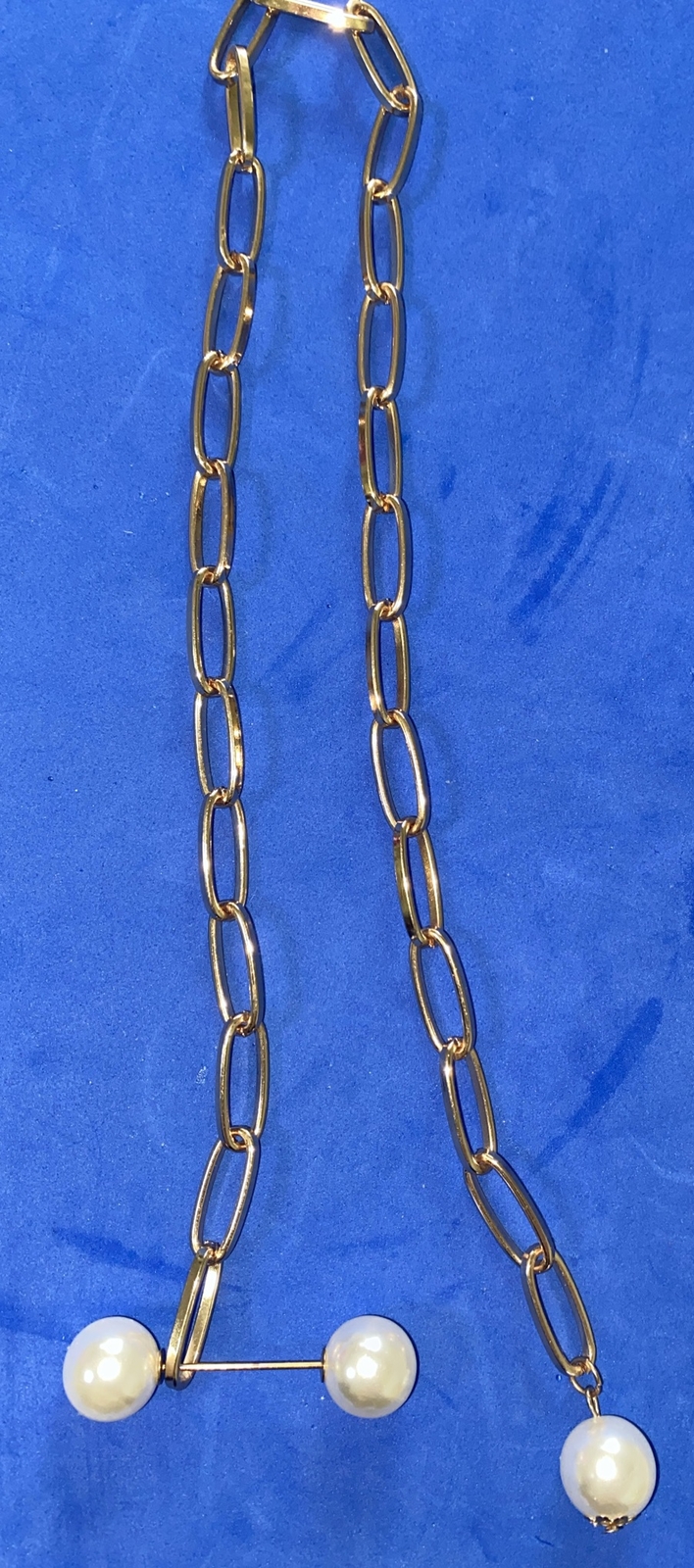 Beautiful Gold Tone Paper Clip Chain Faux Pearl Necklace