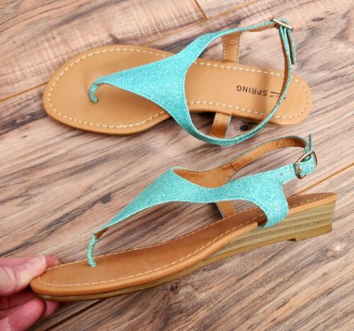 Turquoise Glittery Thong Sandals with Backstrap Tiny Wedge Heel Vacation Cruise! - Picture 2 of 5
