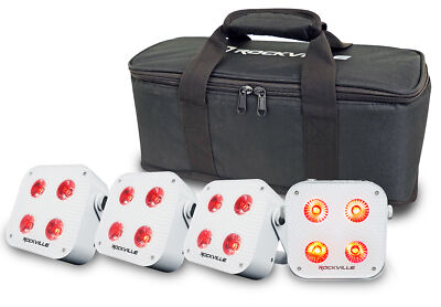 Rockville 4 PACK MINI IR4 White DJ/Party Par Wash Up Lights+Wireless DMX+App+Bag