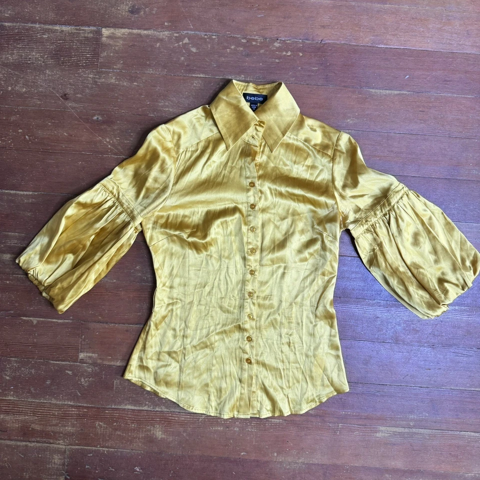 Vtg Y2K BEBE Gold Satin Puff Sleeve  Career Blouse Silk Top Fairy Girlcore XS - Image 3 of 4