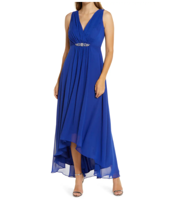 ELIZA J Cobalt Blue V-Neck Embellished Chiffon High/Low Maxi Gown Dress XS