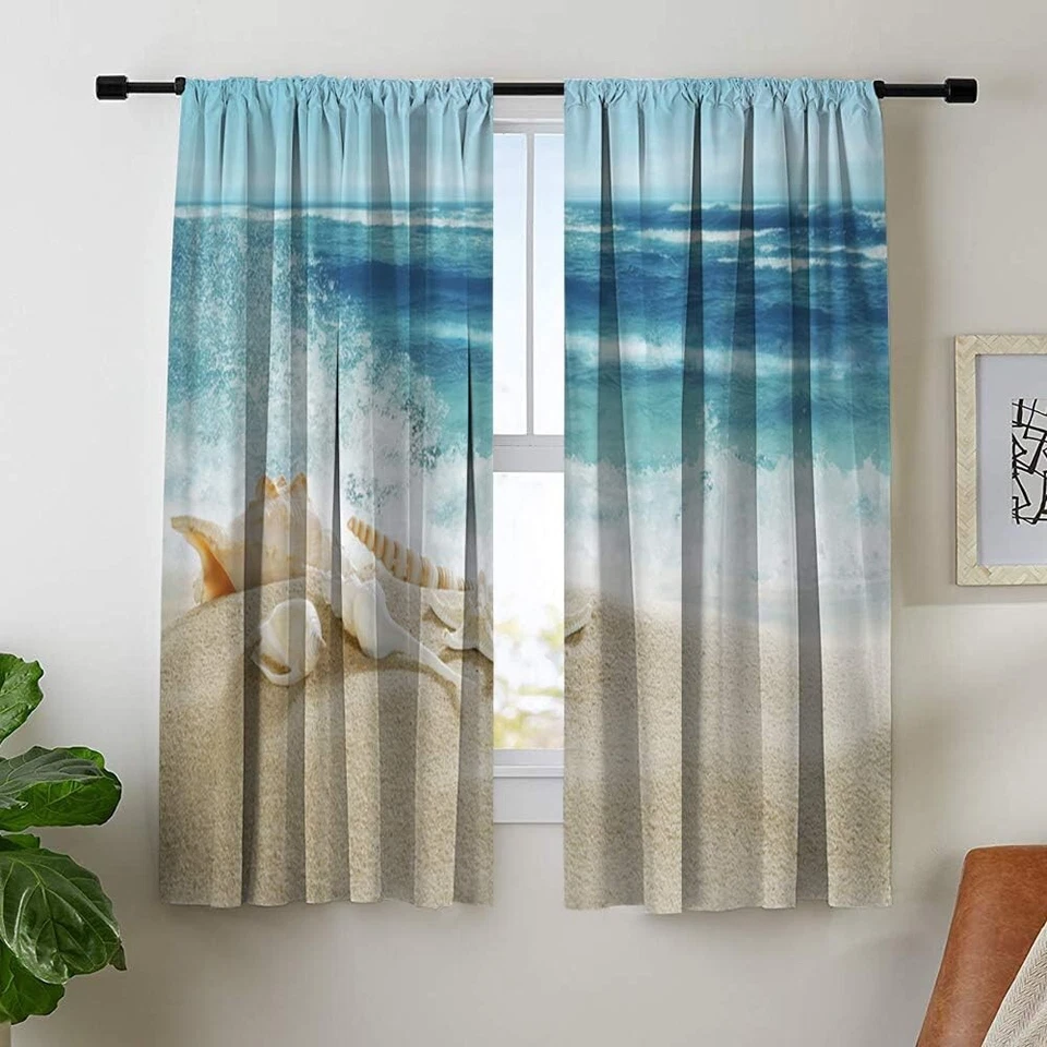 Beach Curtains Ocean Blackout Summer 42” X63” Sea Shell 4 Panels Seashore Sand - Image 2 of 2