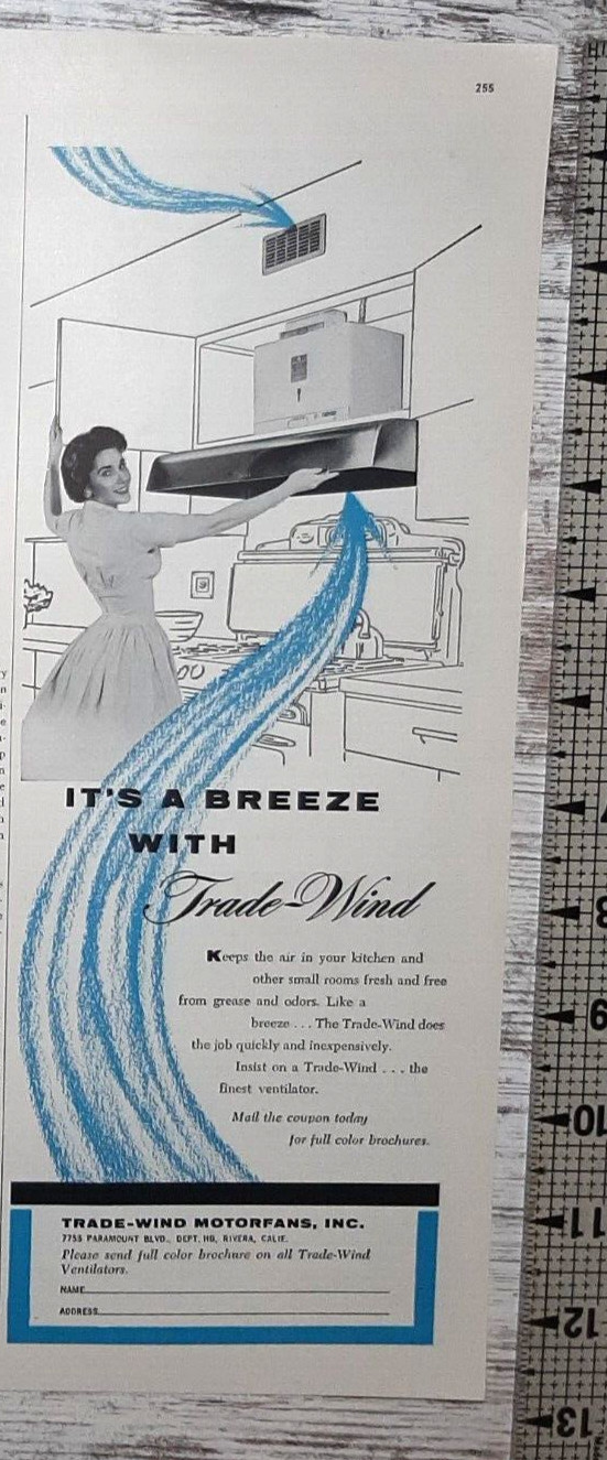 1955 Trade Wind Vintage Print Ad Exhaust Fan Range Hood Kitchen Housewife Breeze