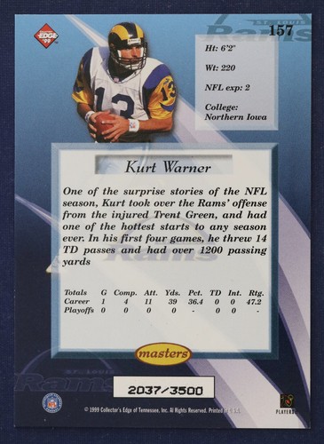 1999 Collector's Edge Masters HoloSilver #157 Kurt Warner NMMT to MINT - Picture 2 of 2