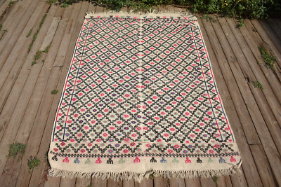 Türkischer Kelim 4x7 Handgewebt Sivas Orientalisch Wolle Cicim Weiß Kelim 125...